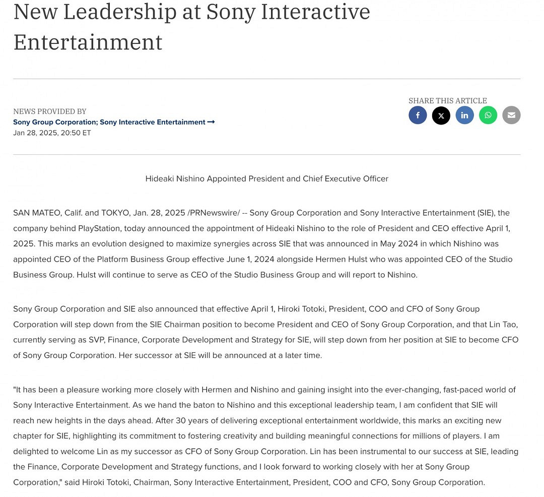 SIE領導層再次變更:西野英明成為唯一CEO SIE領導層再次變更:西野英明成為唯一CEO