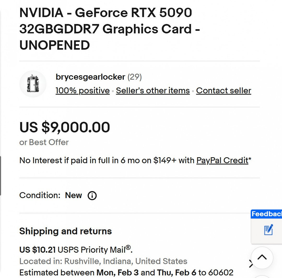 黃牛賣出天價!eBay上RTX 5090最高要9000美元 黃牛賣出天價!eBay上RTX 5090最高要9000美元