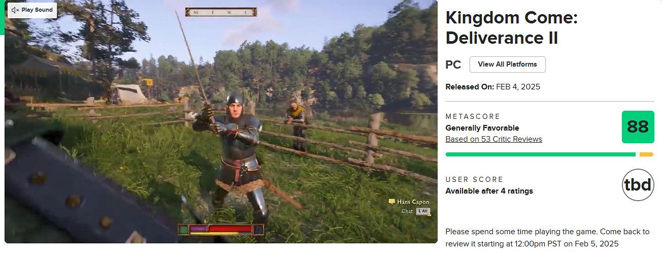 《天國降臨: 救贖2》M站均分88分:年度遊戲的有力競爭者! 《天國降臨: 救贖2》M站均分88分:年度遊戲的有力競爭者!