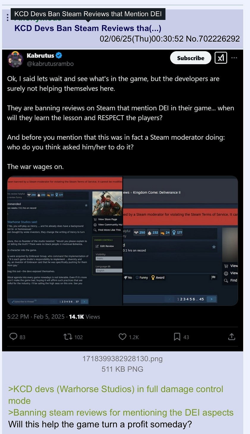 《天國降臨: 救贖2》爭議不停 Steam已禁止玩家討論DEI! 《天國降臨: 救贖2》爭議不停 Steam已禁止玩家討論DEI!