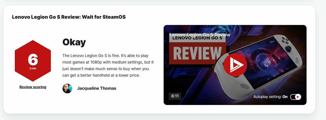 IGN評測聯想Legion Go S掌機：表現一般，性價比不高