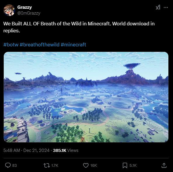 玩家耗時三年 將《薩爾達傳說:曠野之息》地圖搬進《當個創世神麥塊》 玩家耗時三年 將《薩爾達傳說:曠野之息》地圖搬進《當個創世神麥塊》