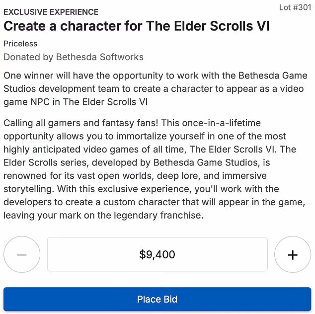 B社加入慈善拍賣會 競標《上古卷軸6》NPC定製權 B社加入慈善拍賣會 競標《上古卷軸6》NPC定製權