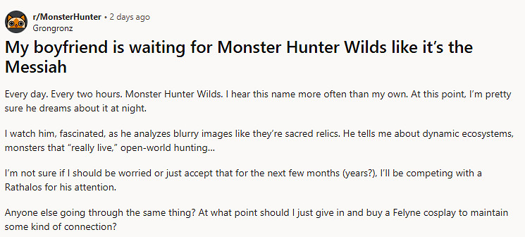 男友玩《怪獵荒野》上癮 女友求助是否要cos成艾露貓？