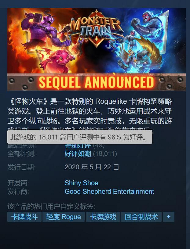 《怪物火車》迎來一折新史低：僅需約新台幣38元即可入手！