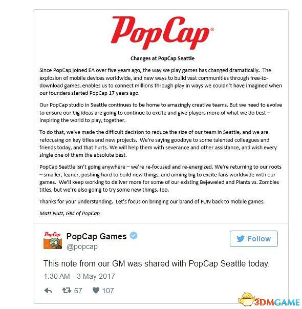 《植物大戰殭屍》開發商寶開裁員 將開發全新遊戲 《植物大戰殭屍》開發商寶開裁員 將開發全新遊戲