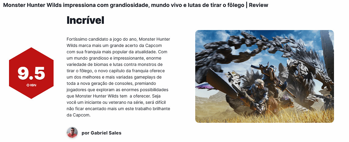 《怪獵：荒野》IGN巴西9.5分：最好 最豐富的遊戲玩法