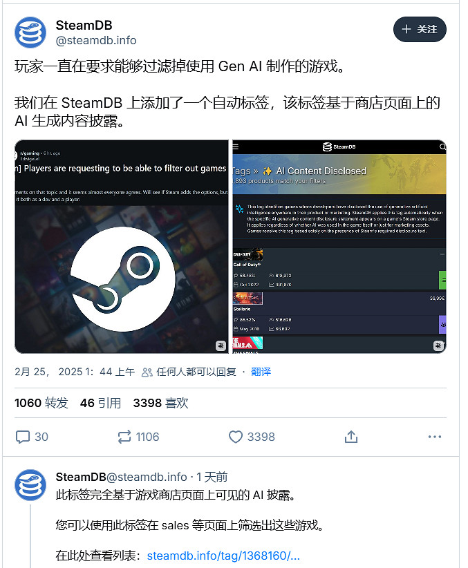 Steam新增過濾選項「AI生成遊戲」建議YouTube也跟進 Steam新增過濾選項「AI生成遊戲」建議YouTube也跟進