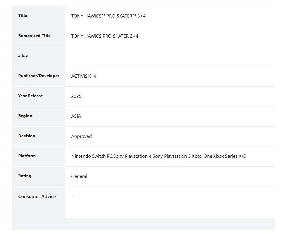 新作要來了!《托尼霍克職業滑板3+4》新加坡通過評級 新作要來了!《托尼霍克職業滑板3+4》新加坡通過評級