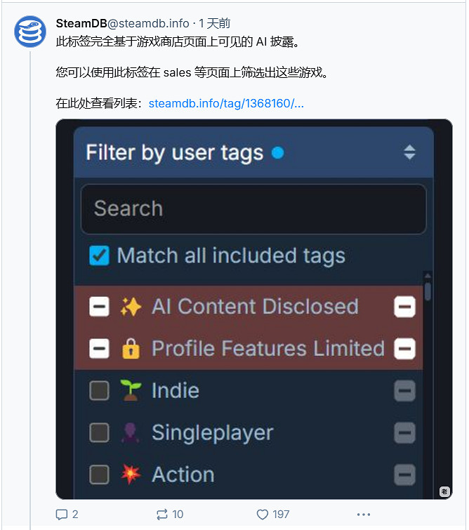 Steam新增過濾選項「AI生成遊戲」建議YouTube也跟進 Steam新增過濾選項「AI生成遊戲」建議YouTube也跟進