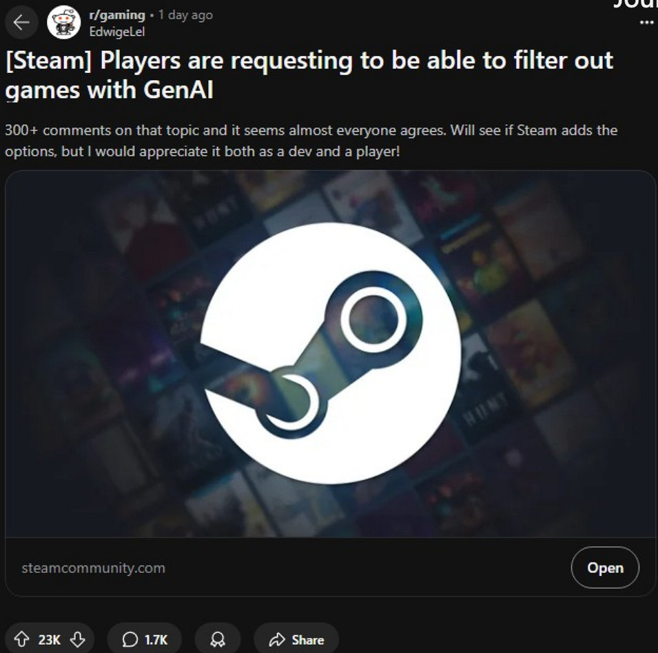 Steam新增過濾選項「AI生成遊戲」建議YouTube也跟進 Steam新增過濾選項「AI生成遊戲」建議YouTube也跟進
