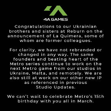 4A Games發文表示 工作室並未有任何品牌重塑或改變