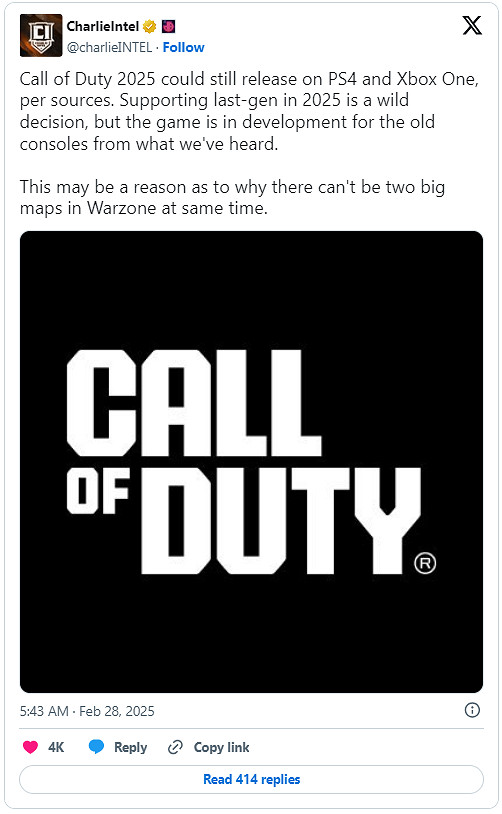 傳《決勝時刻2025》仍將會登陸上一代主機PS4和XB1