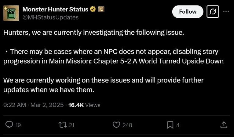 《怪獵：荒野》驚現破壞性Bug！導致遊戲劇情無法推進