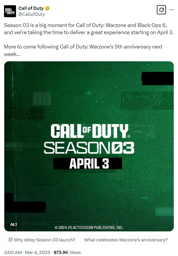 《黑色行動6》《戰區》第三季官宣延期至4月3日發布