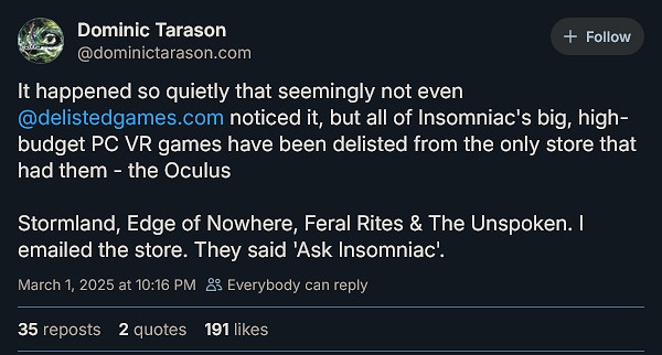 失眠組多款Oculus Rift VR遊戲已在Meta商店下架