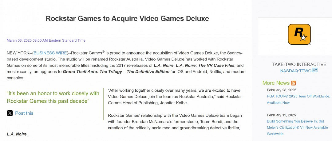 R星收購《GTA：三部曲-終極版》手遊版開發商Video Games Deluxe