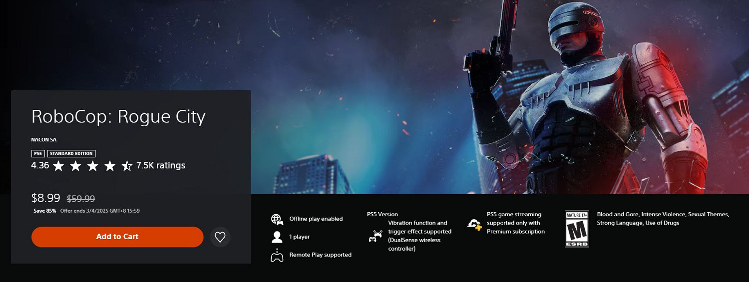PS5好評遊戲《機器戰警:暴戾都市》1.5折優惠促銷! PS5好評遊戲《機器戰警:暴戾都市》1.5折優惠促銷!
