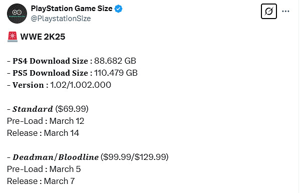 《WWE 2K25》所需硬碟空間曝光:PS5版需要110GB! 《WWE 2K25》所需硬碟空間曝光:PS5版需要110GB!