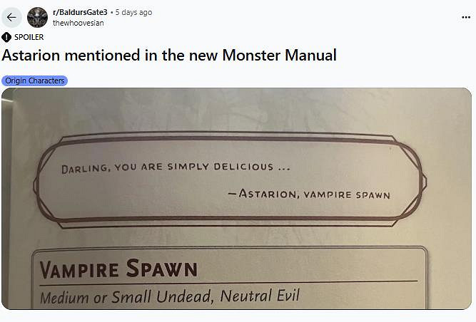 《柏德之門3》人氣角色阿斯代倫再次現身D＆D官方書籍《怪物手冊》中