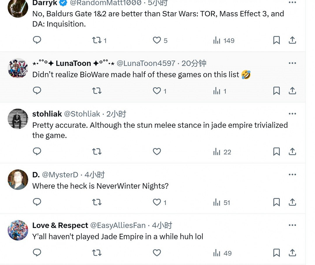 外媒評選BioWare最佳遊戲TOP10:《柏德之門》墊底？