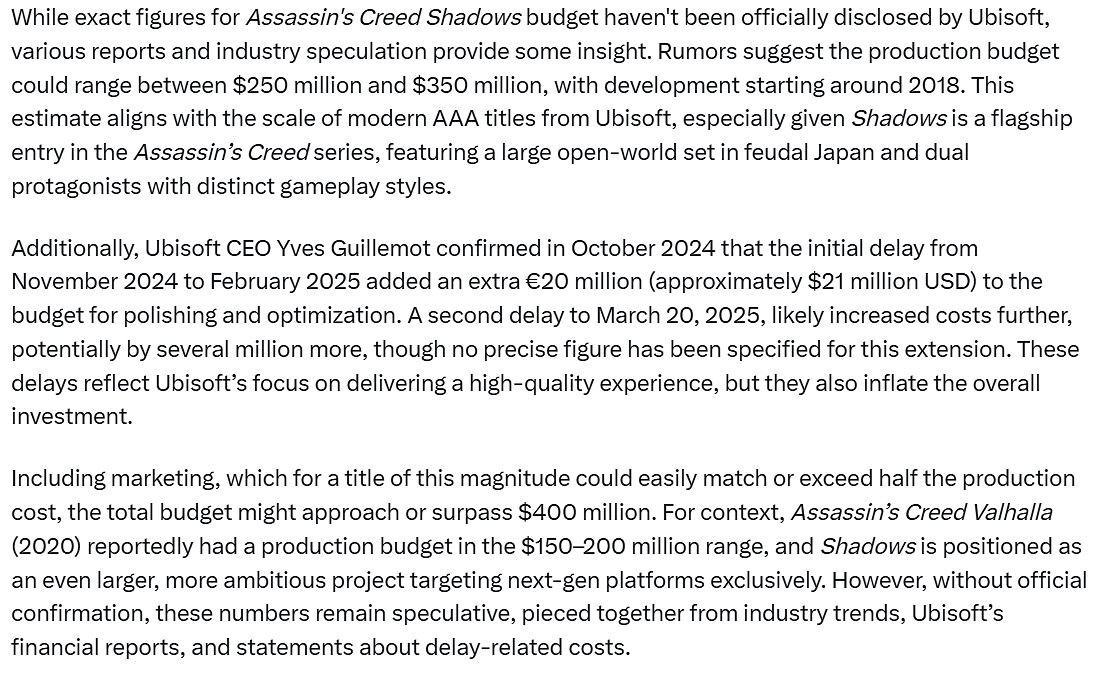 下足血本了!《刺客教條:影》總成本或超過4億美元 下足血本了!《刺客教條:影》總成本或超過4億美元