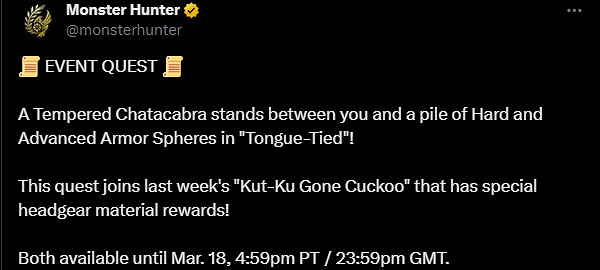 《怪獵:荒野》新任務“對美味的執拗”上線!限時一周 《怪獵:荒野》新任務“對美味的執拗”上線!限時一周