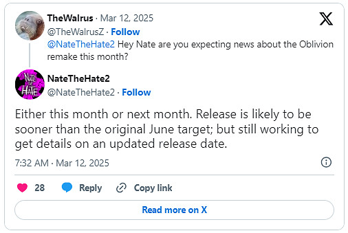 曝《上古卷軸4重製版》快要來了!VGC稱可能下個月發售 曝《上古卷軸4重製版》快要來了!VGC稱可能下個月發售