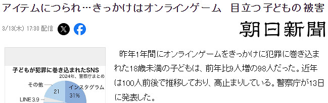 日本警察廳公布資料 去年因網遊導致犯罪未滿18歲達到98人 日本警察廳公布資料 去年因網遊導致犯罪未滿18歲達到98人