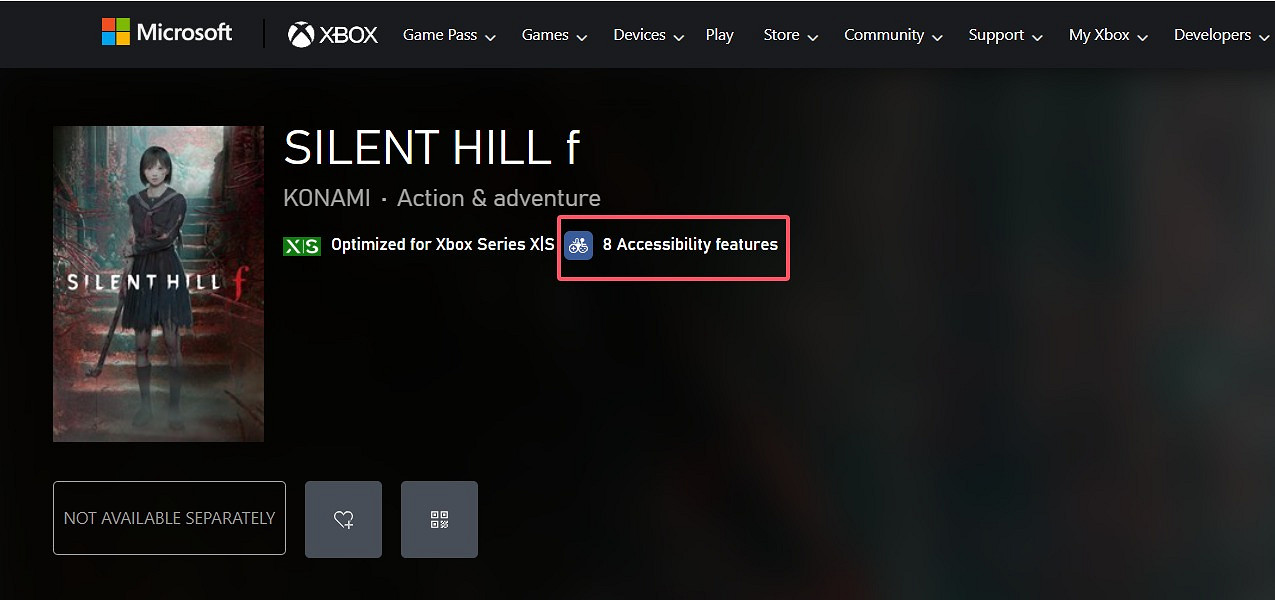 《沉默之丘f》Xbox商店頁面顯示 遊戲有眾多無障礙選項