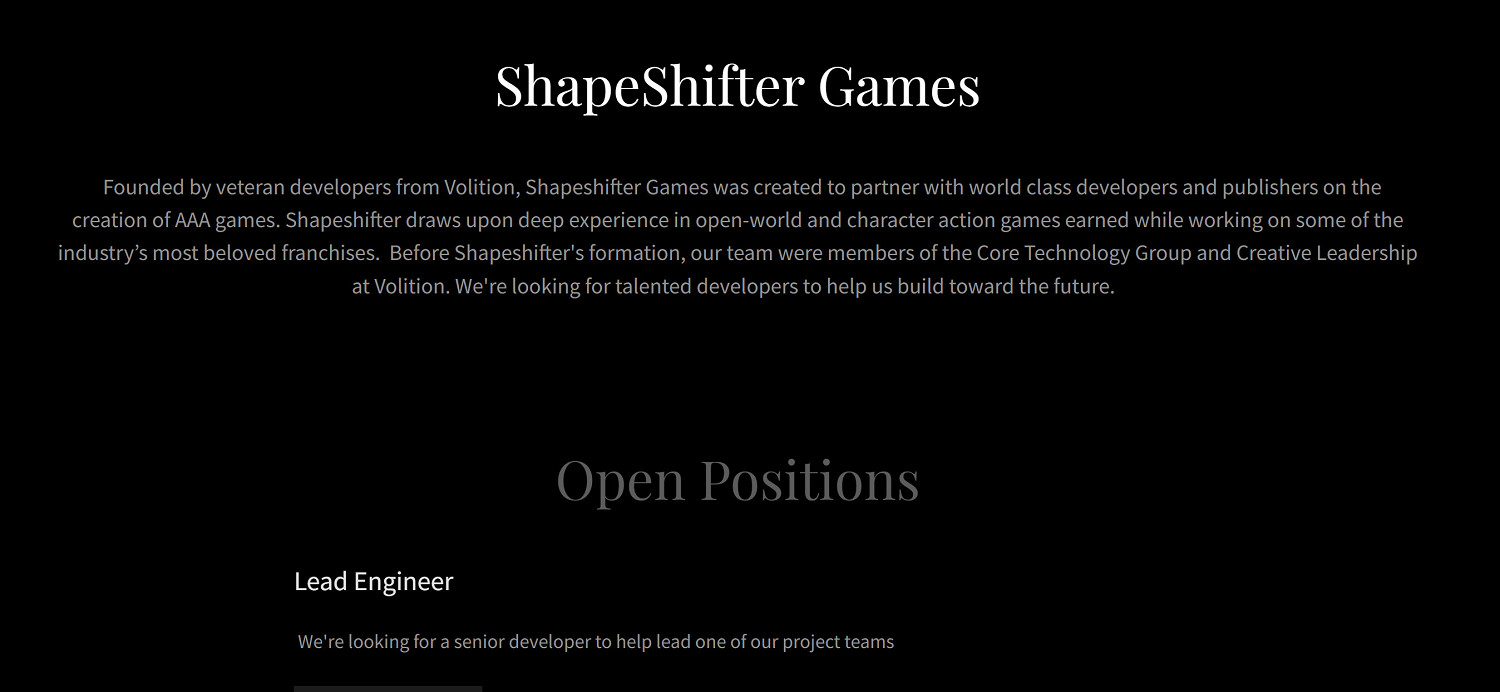 前《黑街聖徒》開發商Volition主創成立新工作室Shapeshifter Games 前《黑街聖徒》開發商Volition主創成立新工作室Shapeshifter Games