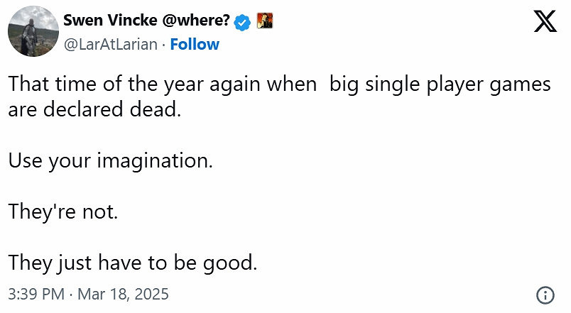 《柏德之門3》總監駁單機消亡論:單機遊戲需足夠優秀 《柏德之門3》總監駁單機消亡論:單機遊戲需足夠優秀