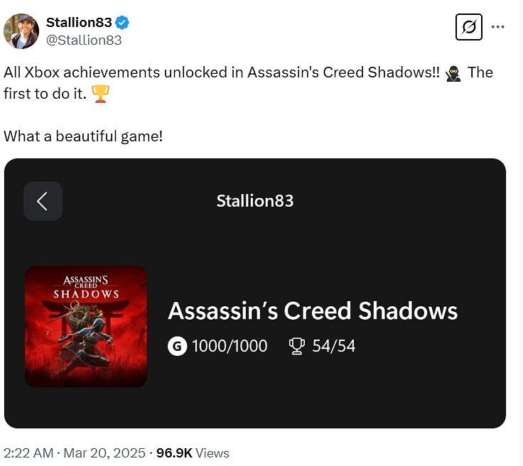 快人一步!知名玩家在《AC影》正式發售前達成全成就 快人一步!知名玩家在《AC影》正式發售前達成全成就