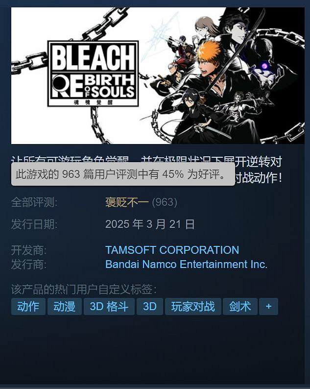 《死神魂魄覺醒》Steam&quot;褒貶不一&#039;：對不起我的預購！