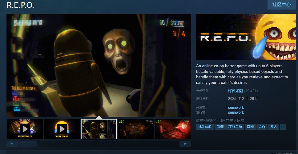 Steam銷量榜更新！《R.E.P.O.》截胡《怪獵荒野》