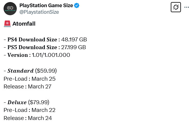 《原子隕落》容量大小曝光：PS5所需27GB PS4所需48G!
