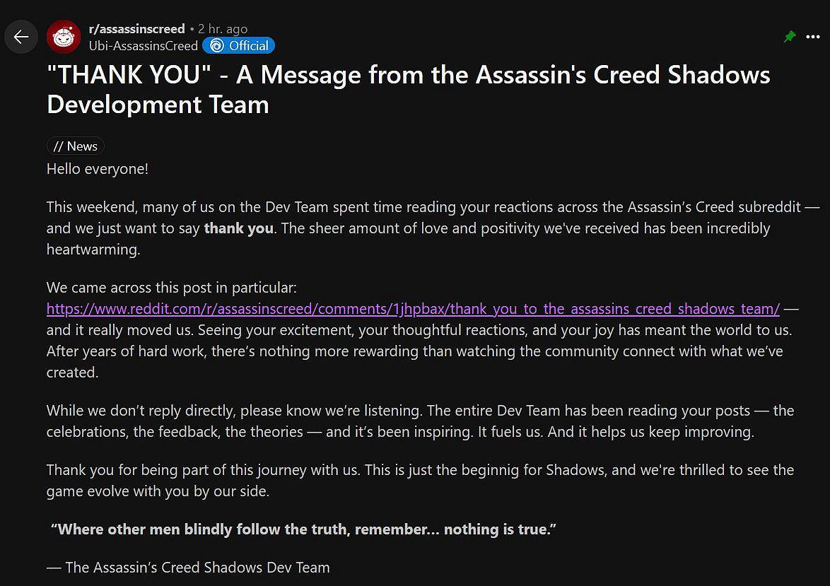 《刺客教條：影》發售5天 開發團隊感恩玩家溫暖反饋