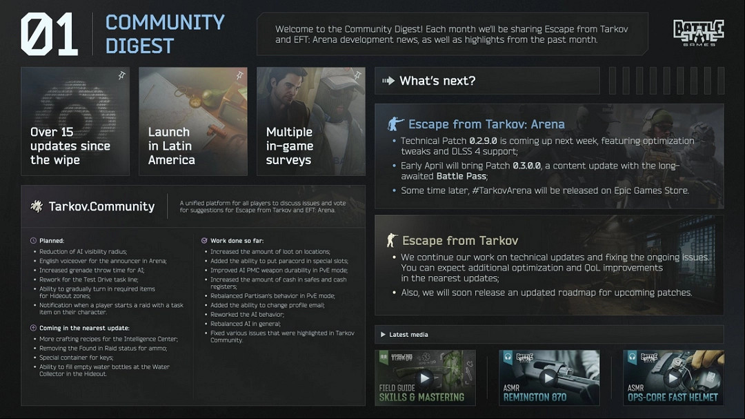 《逃離塔科夫》發布新每月“社區文摘” 將推出玩家反饋平台