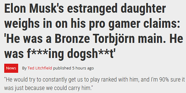 ARPG找代練實際FPS也不行 馬斯克女兒揭發父親《鬥陣特攻》太遜 ARPG找代練實際FPS也不行 馬斯克女兒揭發父親《鬥陣特攻》太遜