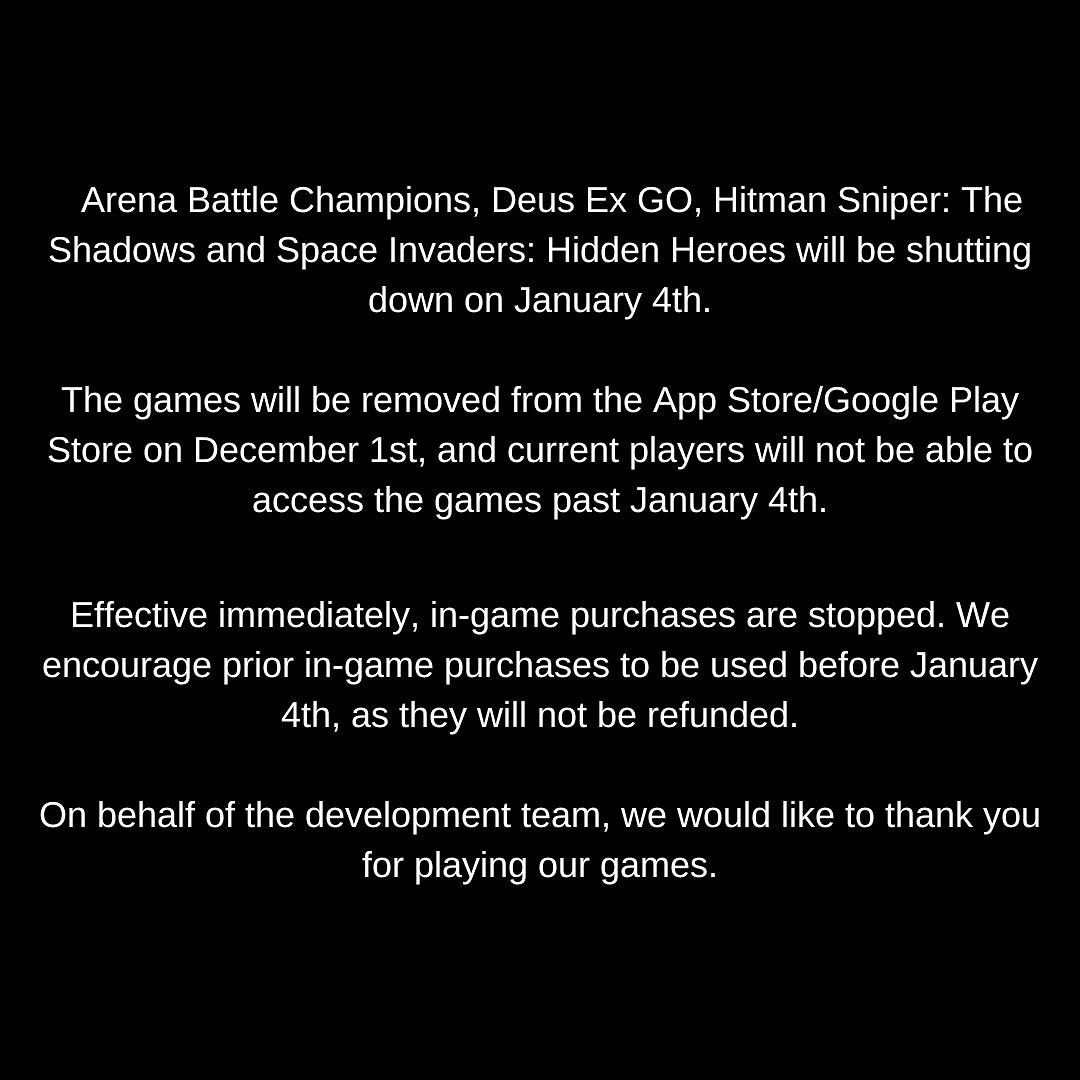 《駭客入侵GO》《殺手狙擊》等手遊明年1月關服