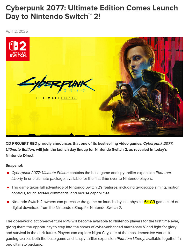 Switch 2部分遊戲容量公布 《電馭叛客2077》需要64G