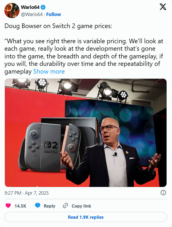 任天堂稱Switch2遊戲並非都80刀，關稅對定價也有影響