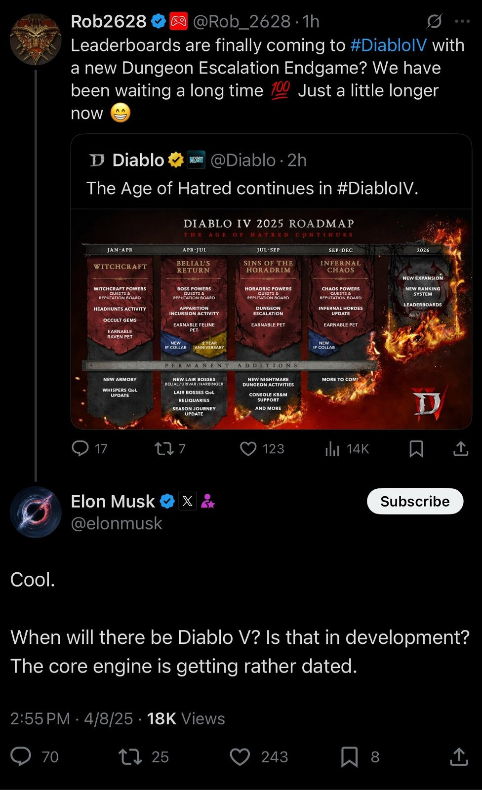 馬斯克詢問《暗黑破壞神5》 又被玩家們群嘲! 馬斯克詢問《暗黑破壞神5》 又被玩家們群嘲!