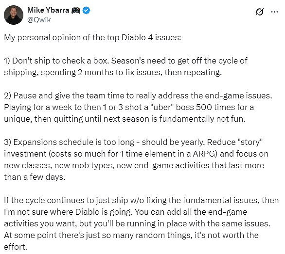 前暴雪總裁擔心《暗黑4》原地踏步：別再為交差推賽季