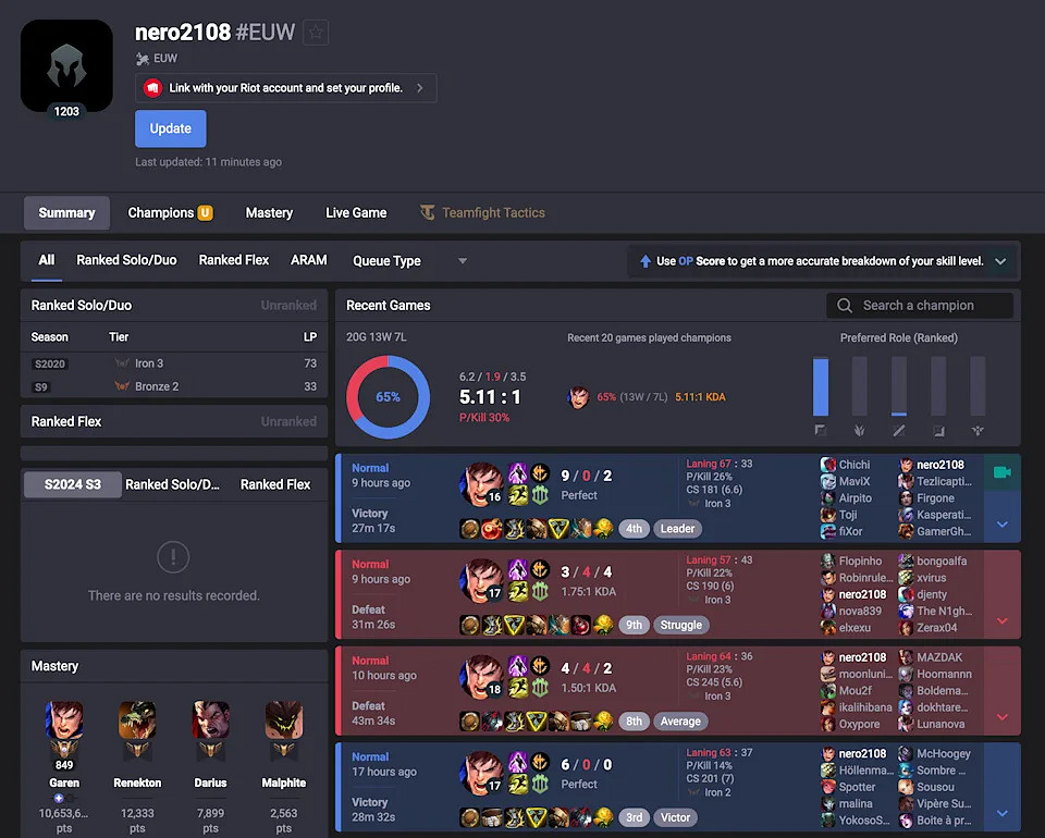 《英雄聯盟》一玩家只玩蓋倫破萬小時，卻只有青銅段