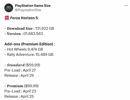 PS5《極限競速：地平線5》容量大小曝光：超130GB！