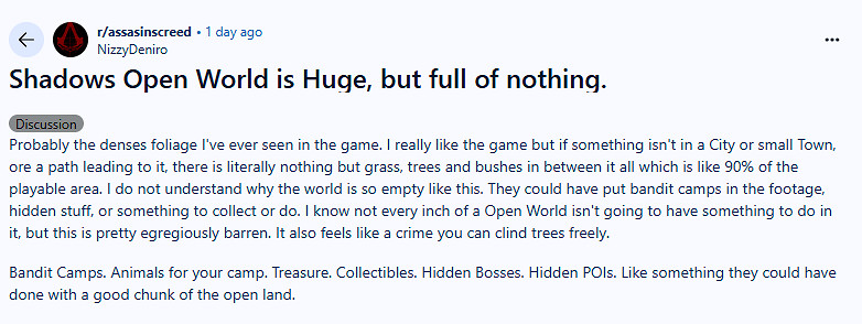 玩家吐槽《AC影》地圖太空曠了:全是沒用的草和樹! 玩家吐槽《AC影》地圖太空曠了:全是沒用的草和樹!