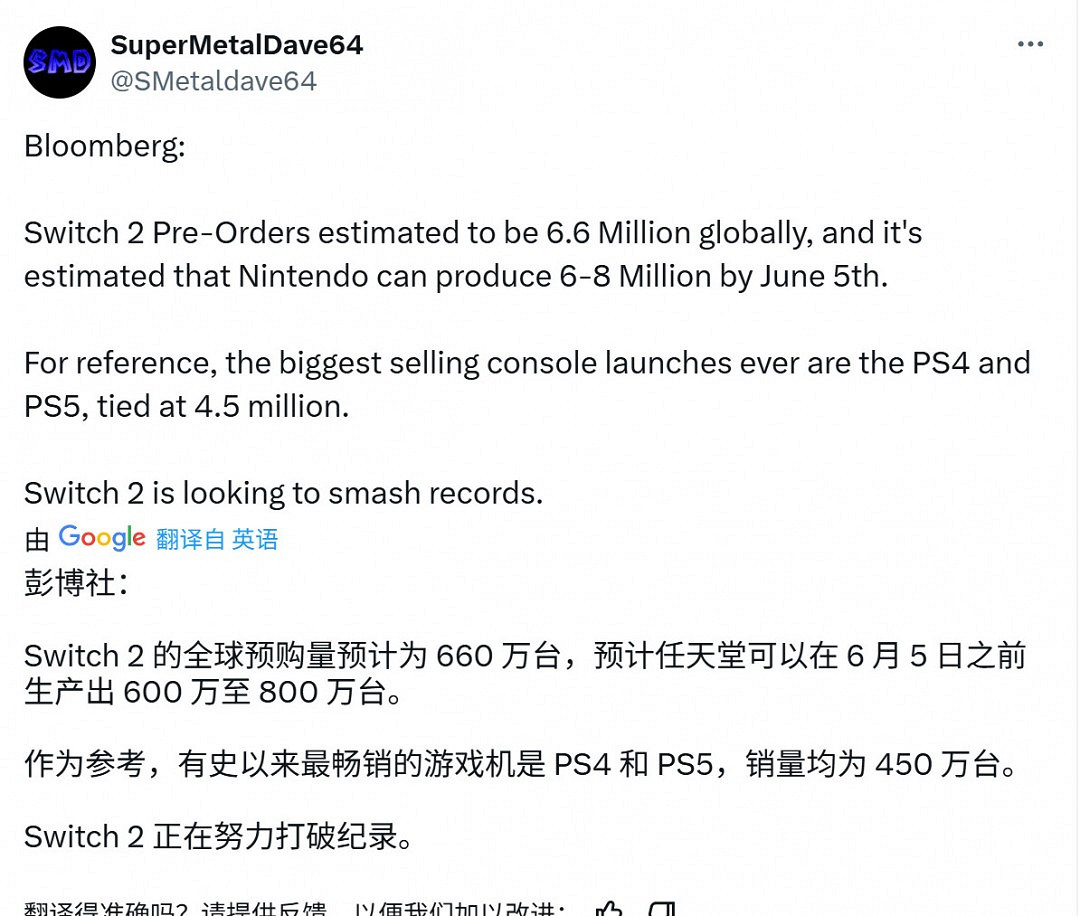 史上最高?分析師預測Switch 2首月銷量600-800萬台 史上最高?分析師預測Switch 2首月銷量600-800萬台