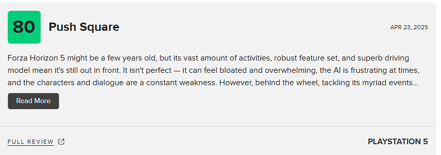 PS5版《地平線5》M站92分：PS5玩家絕對值得等待！