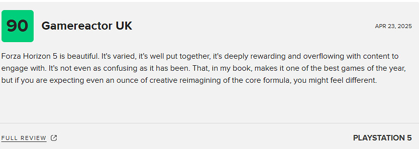 PS5版《地平線5》M站92分：PS5玩家絕對值得等待！